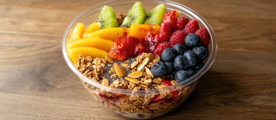 Colorful fruit and granola bowl with mixed berries peaches and kiwi on wooden table Copy Space