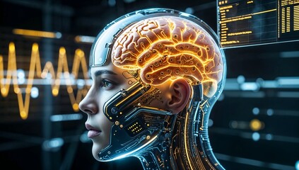 Face and head of half robot and half human being. Artificial intelligence concept	