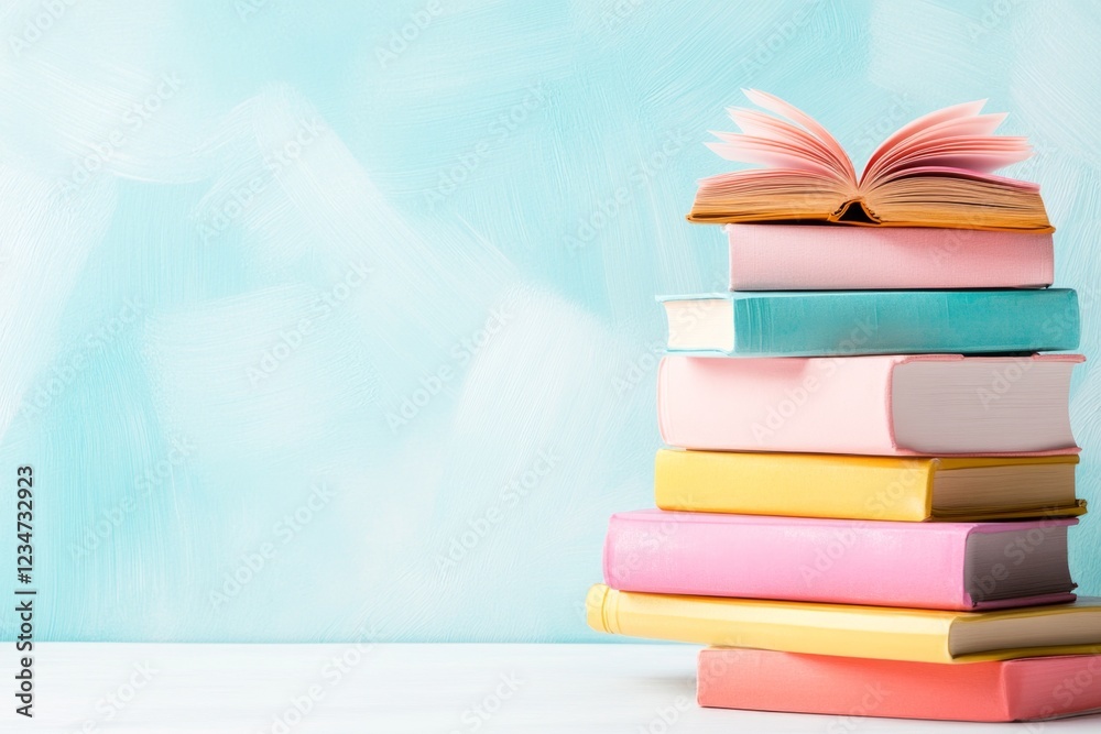 Poster A minimalist stack of books arranged symmetrically, symbolizing sufficient resources for learning, drawn in soft tones on a clean white background