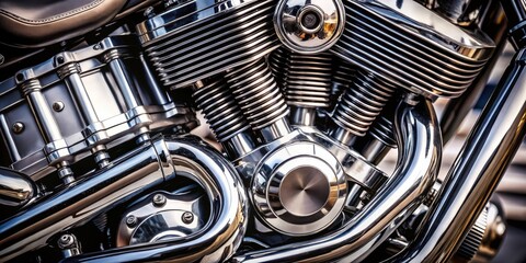 The intricate details of a shiny chrome motorcycle engine, showcasing the precision and craftsmanship of its design
