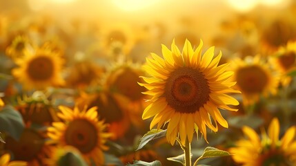 Obraz premium Golden Sunlight Bathes a Field of Sunflowers Reaching Towards the Sky in a of Natures Abundance