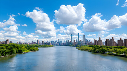 Obraz premium NYC Skyline View, Sunny Day, River, Green Park