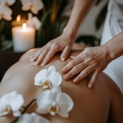 Top view of a woman's back in a spa salon, with orchid flowers and candles on a bamboo mat