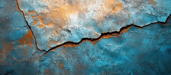 Obraz premium Colorful abstract texture with cracks in blue and orange tones suitable for background or design purposes Copy Space