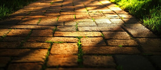 Brick pathway with green grass edges illuminated by sunlight and casting shadows, textured surface with cobblestone patterns, Copy Space