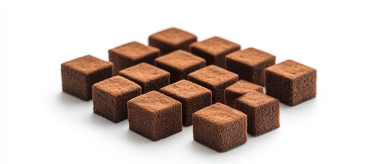 Fototapeta premium Cubes of dark chocolate arranged in a grid on a white background with Copy Space for text placement