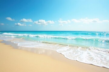 Fototapeta premium Tranquil Beach Scene Serene Waves Gently Kissing a Golden Shore Under a Brilliant Azure Sky
