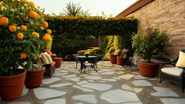Camera pans across a patio with a flagstone path, outdoor furniture and potted citrus trees create an inviting space with ambient light