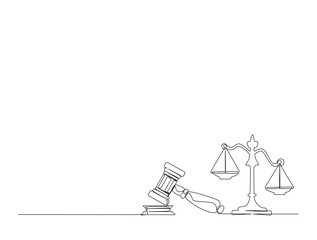 Fototapeta premium Continuous one line drawing of judicial scales with hammer. justice hammer and scales for law concept in single line draw. Editable stroke.