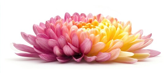 Colorful chrysanthemum flower with soft petals in pink and yellow tones on white background with Copy Space