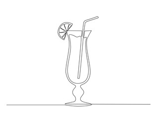 Continuous one line drawing of tropical juice drink with garnish. cocktail drink in single line draw illustration. Editable stroke.