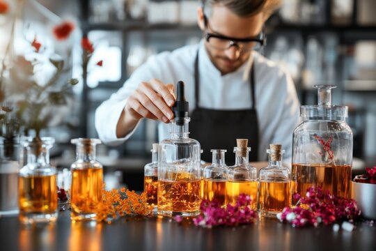A perfumer blending fragrances in a laboratory, surrounded by bottles of essential oils and notes