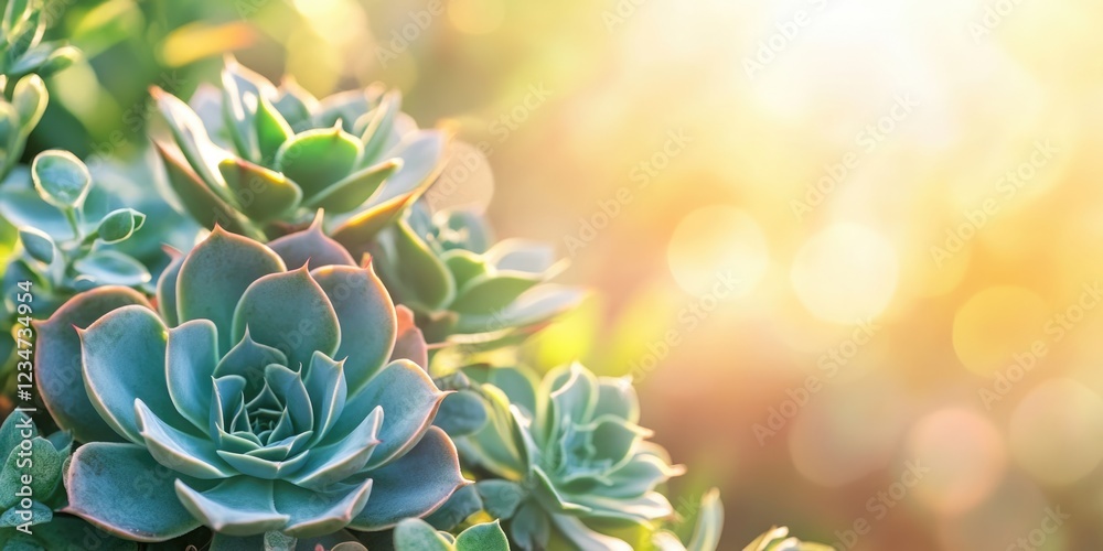 Wall mural succulent plants in soft sunlight with bokeh background and copy space for text overlay