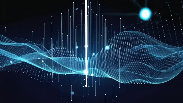 A surreal floating quantum network grid, where glowing quantum bits (qubits) shift in waves, representing ultra-fast computing technology