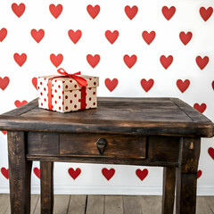 Romantic valentines day gift box on wooden table with red hearts background love dots cute life polka