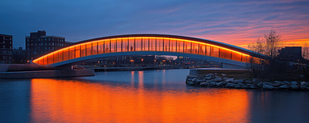 Obraz premium contemporary urban bridge with sleek design illuminated at sunset, reflecting on water