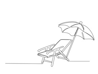 Continuous one line drawing of beach sunbed design. Beach umbrella and chair for holiday and vacation concept in single line draw. Editable stroke.