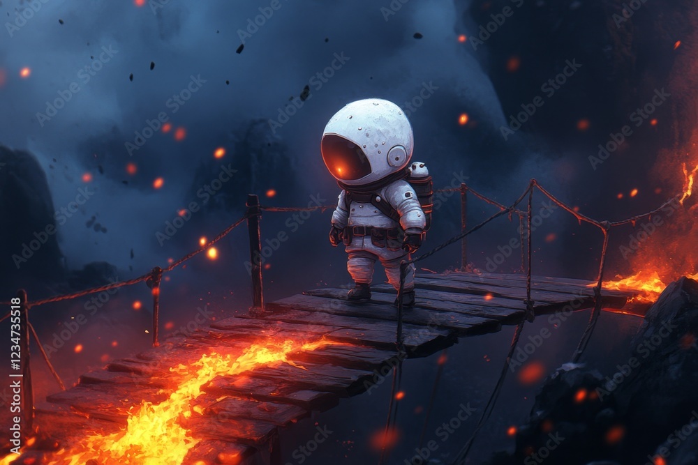 Poster a pixel art character tentatively crossing a narrow bridge over a lava-filled chasm in a retro-style