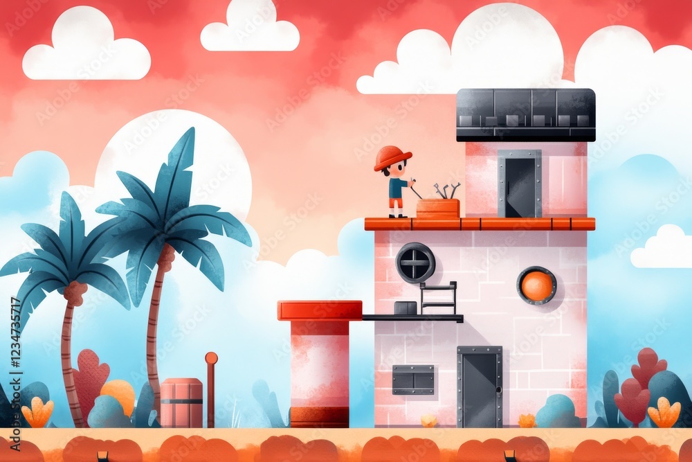 Poster A pixel art scene of a character replacing a broken ladder with a makeshift rope substitute in a retro video game setting, with vibrant pixelated colors and tools scattered nearby