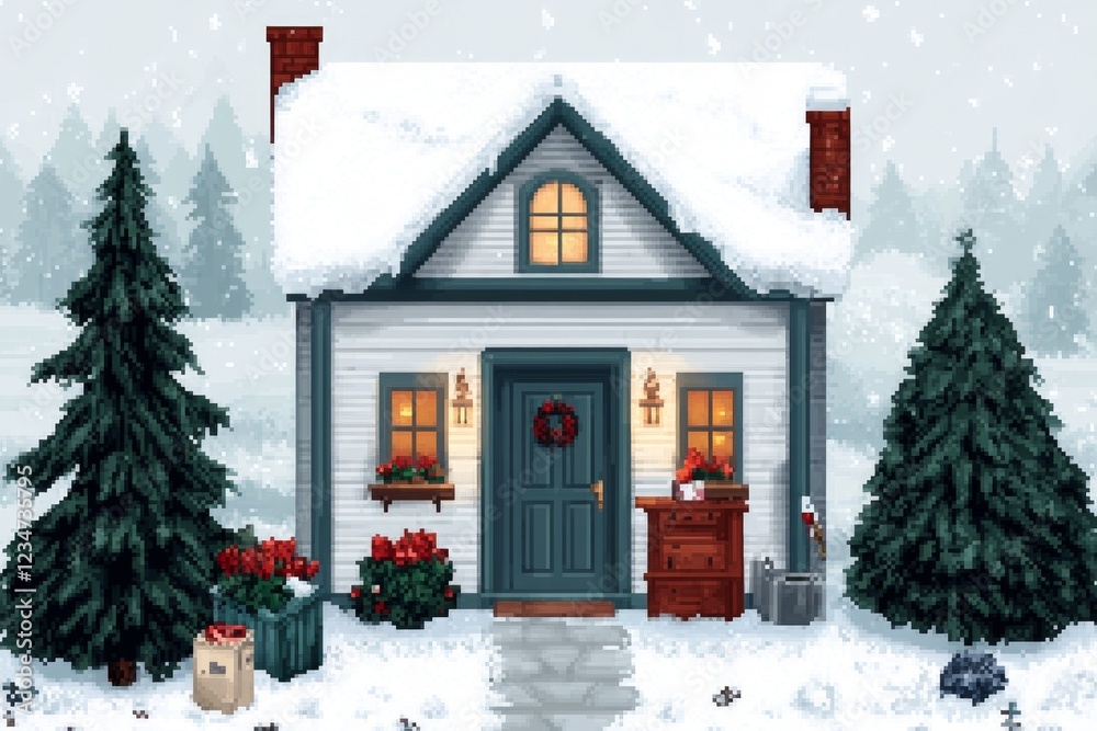 Poster a pixel art scene of a cozy house being renovated, with a tiny character using tools to paint walls 