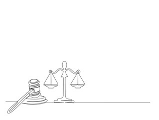 Continuous one line drawing of judicial scales with hammer. justice hammer and scales for law concept in single line draw. Editable stroke.