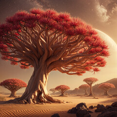A dragon blood tree in a surreal desert landscape