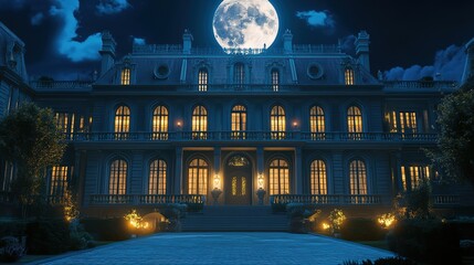 Fototapeta premium Luxurious building with the moon in the sky, illuminated by bright light, a nighttime scene, detailed architecture, a blue and white color scheme, a photorealistic style