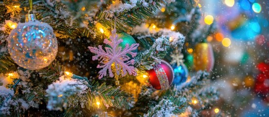 Christmas tree decorations with snowflakes and colorful ornaments, warm lights creating a festive atmosphere, Copy Space available.