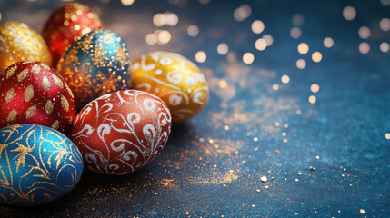 Obraz premium Colorful Easter eggs with glitter on blue background create festive atmosphere