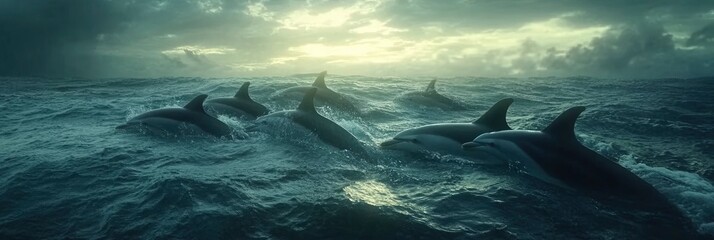 A pod of dolphins swimming in the ocean.