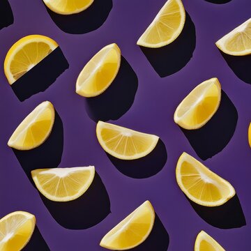 Flat lay pattern of pealed lemon against dark purple background