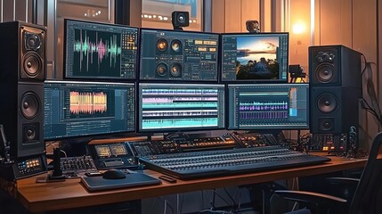 Fototapeta premium Modern video editing setup with multiple monitors displaying movie effects, a mixing desk, and audio gear. 