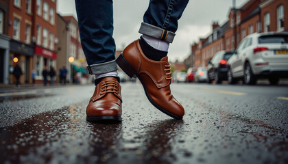Damp brown shoes stepping on rainy urban street, city life concept