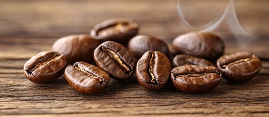 Naklejka premium Freshly roasted coffee beans placed on a rustic wooden surface with a slight steam indicating warmth and freshness Copy Space