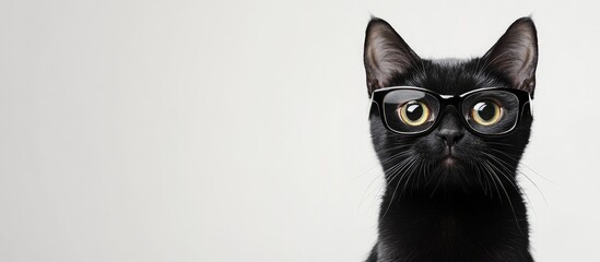Black cat wearing glasses looking at the camera with white background and copy space for text