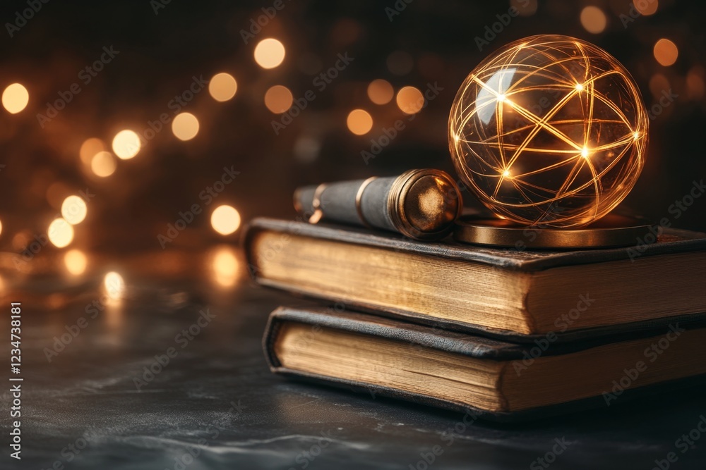 Poster A shadowy Gothic library with ancient books stacked alongside glowing orbs, each orb connected to its respective book by ethereal light