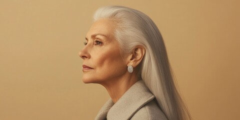 side view of an elegant older woman with long white hair, wearing diamond earrings and a light gray coat against beige background