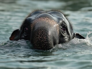 Obraz premium Elephant submerged in water with only its face visible, enjoying a refreshing swim