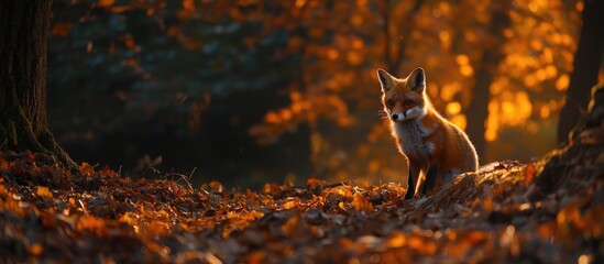 Red fox sitting on a forest path covered with autumn leaves in warm golden light with blurred background and Copy Space
