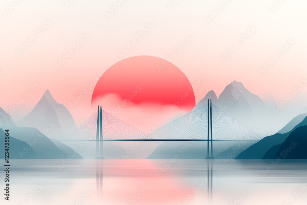 Poster a simple geometric depiction of a large bridge spanning across a valley, with sharp, clean lines and