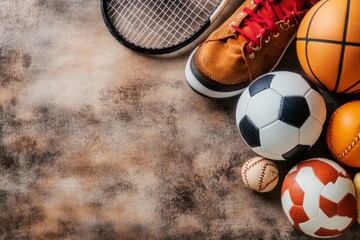 A shot of sports equipment like tennis rackets, soccer balls, and basketballs arranged next to their respective playersâ€™ uniforms
