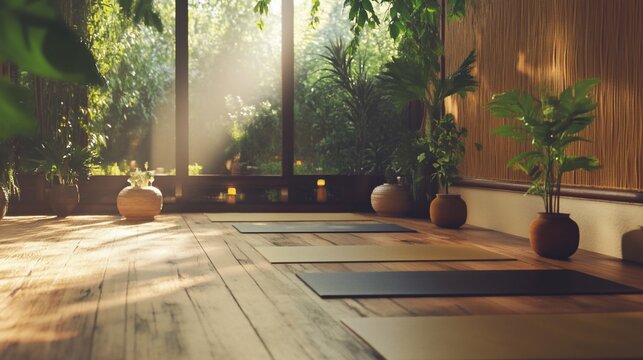 Serene Yoga Studio with Natural Light and Greenery, ready for meditation practice