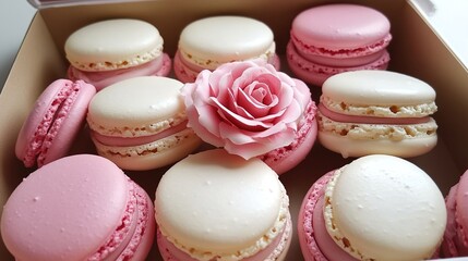 Obraz premium Pink and white macarons in a box, with a rose on top of the cream.