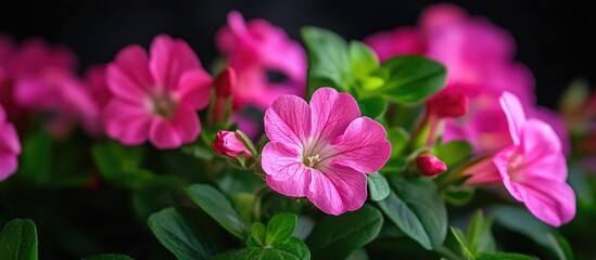 Vibrant pink flowers with lush green leaves on a black background featuring Copy Space for text placement.