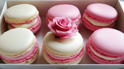 Fototapeta premium Pink and white macarons in a box, with a rose on top of the cream.