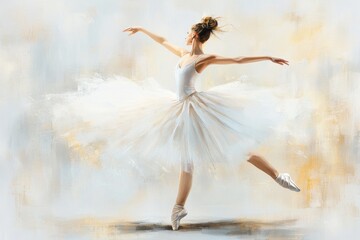 Naklejka premium A soft watercolor painting of a ballerina spinning on stage, with the background softly blending into warm golden tones