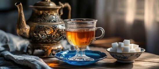 Fototapeta premium Tea served in a glass cup with ornate teapot and sugar cubes on a blue plate with Copy Space for text