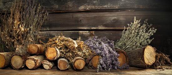 Dried flowers and wooden logs arranged on rustic wooden background with Copy Space for text placement
