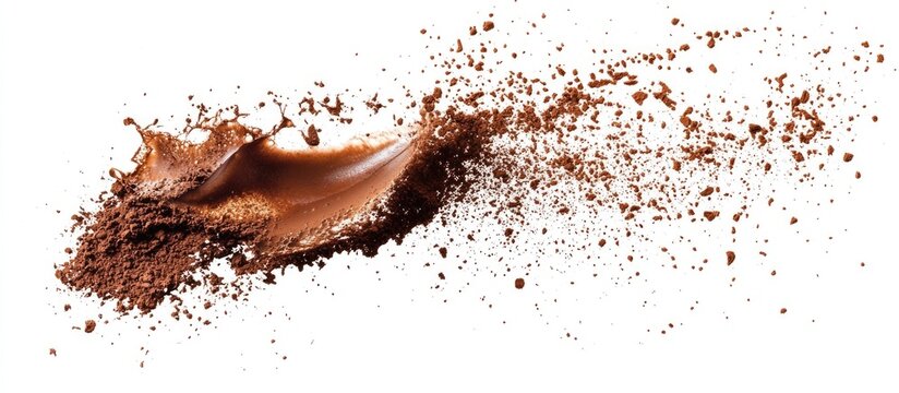 Liquid chocolate splash with cocoa powder flying in different directions on white background Copy Space