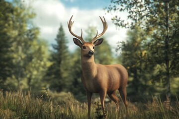 A realistic deer stands in a lush forest setting, surrounded by greenery and trees.